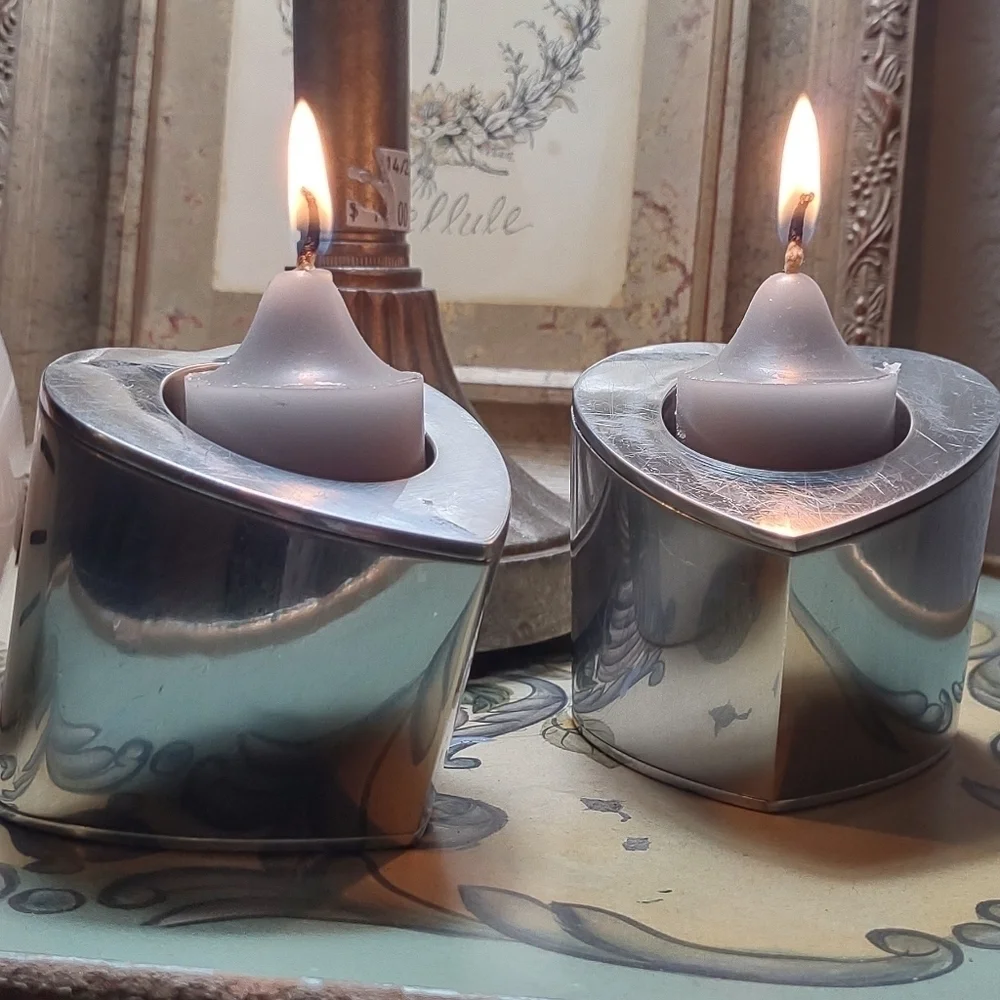 Pair of Vintage Stainless Steel Heart Shaped Votive & Taper Candle Holders🕯️